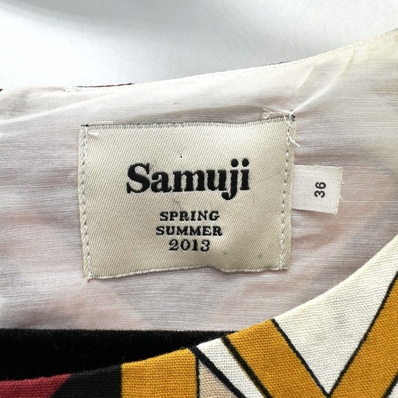 Samuji‎ Shift Dress Retro Geometric Print FR 36 US 4 Midi Mod Indie Boho Resort - Picture 5 of 11
